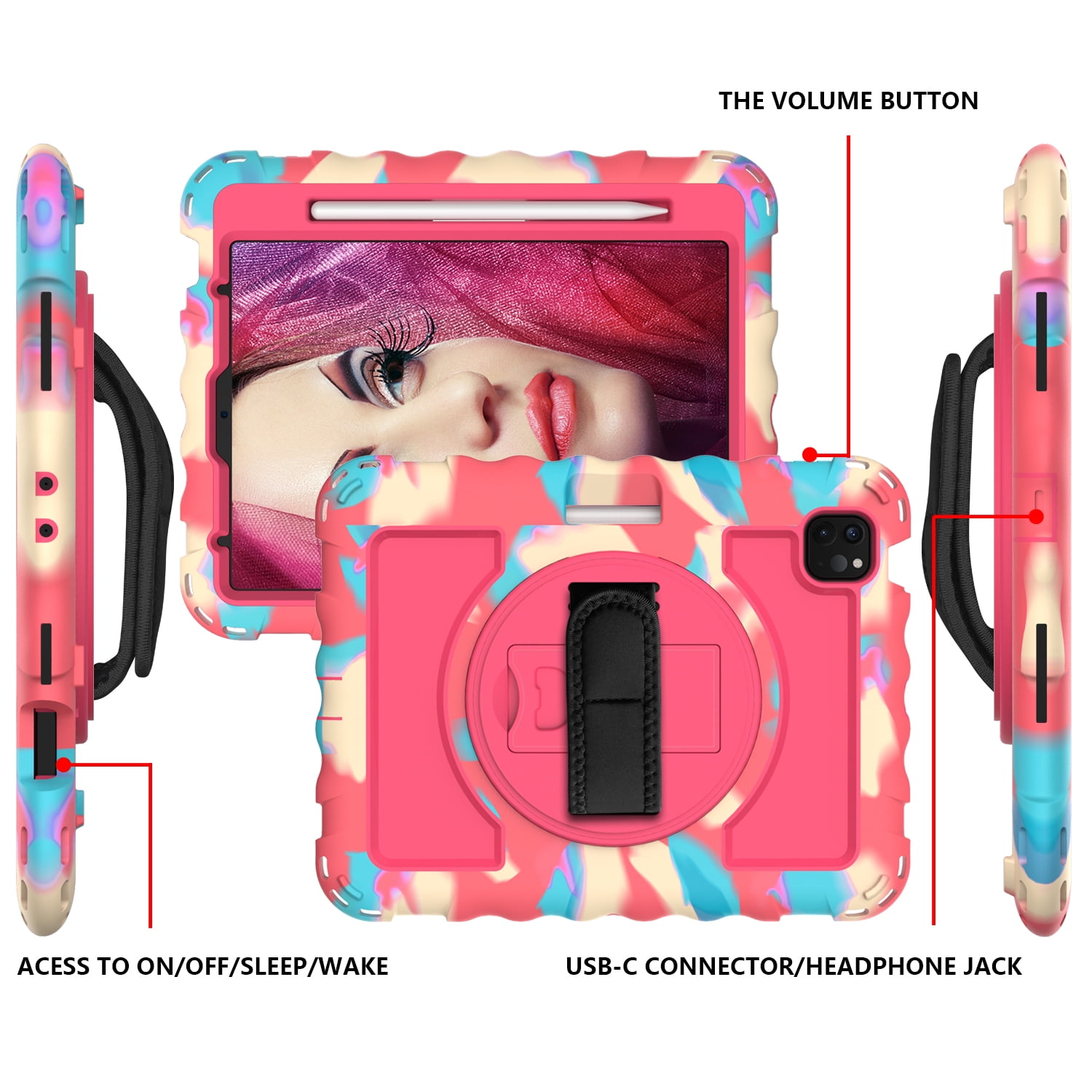 Allytech iPad Air 5 4 10.9 Case 2022/2020, Heavy Duty Shockproof Kids Case with Pencil Holder Hand Strap Kickstand Shoulder Strap for Apple iPad Air 5th 4th Generation 10.9 Inch -Rainbow/Rose