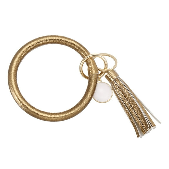 Uxcell PU Leather Circle Wristlet Keychain, Tassel with Pendant Round Bangle Keyring Bracelet Wristlet Holder Keychains for Women Car Key Accessories- 1 PCS (Light Brown)