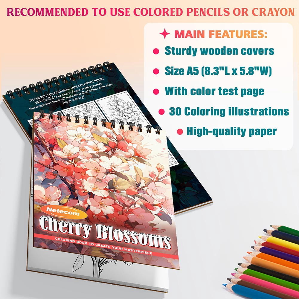 Cherry Blossoms Coloring Book Spiral Bound For Adults, A5 Wooden Cover, 30 Serene Coloring Pages of Blooming Cherry Trees for Stress Relief and Relaxation