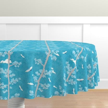 

Cotton Sateen Tablecloth 90 Round - Cranes Turquoise Blue Medium Scale Forest Bird Bright Japanese Print Tree Snow Print Custom Table Linens by Spoonflower