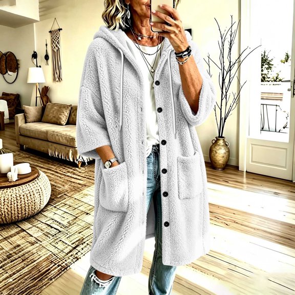 PiGOGI Womens Hooded Long Jacket Flared Sleeve Button Up Velvet Fleece Coat with Pockets Loose Fit Casual Winter Outerwear for Travel Wear