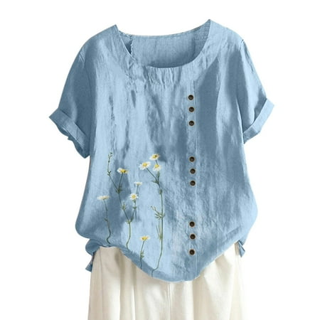 

Womens Cotton Linen T Shirt Top Loose Fit Casual Print Short Sleeve Button Tuned Top Cotton Pajama Shirt Women