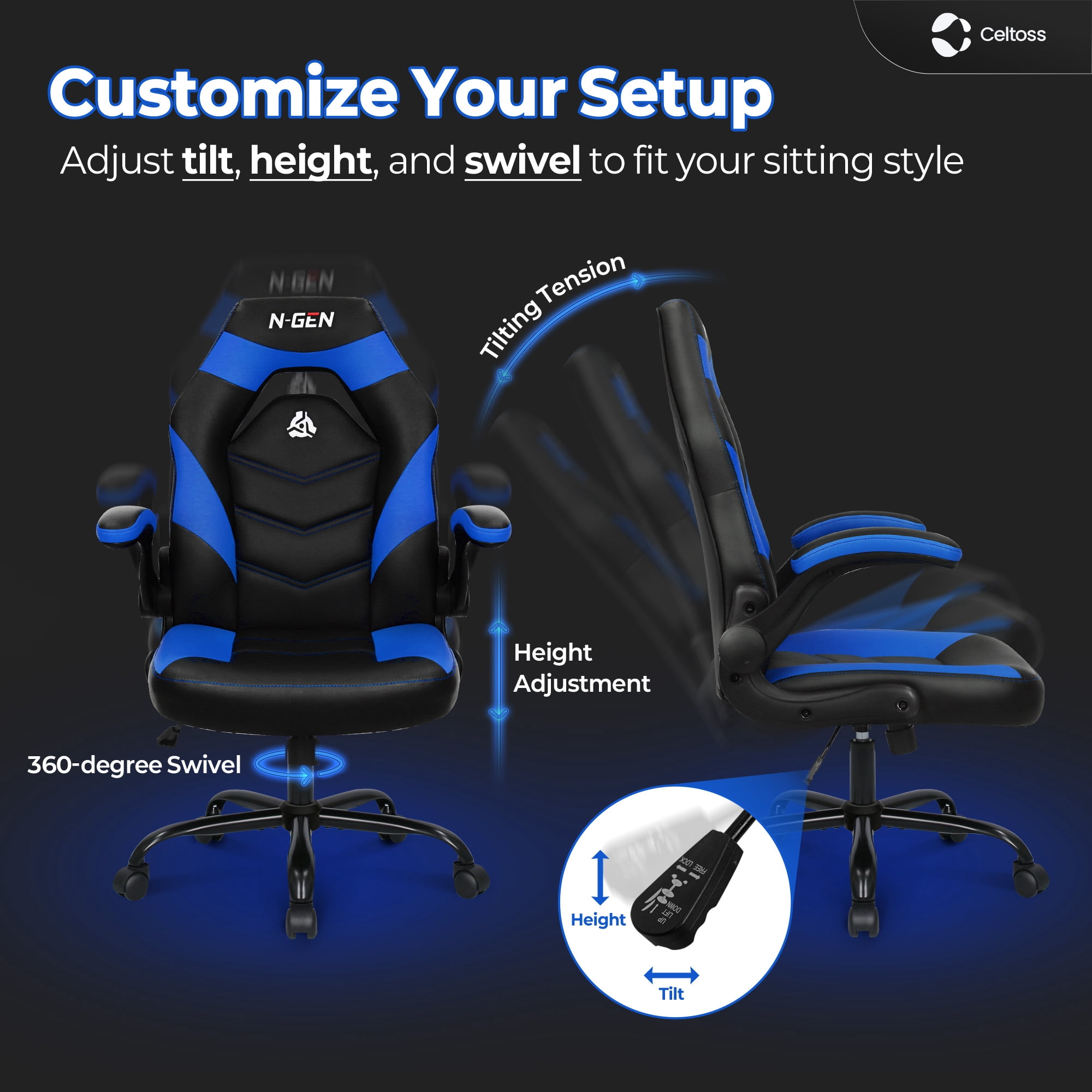 CELTOSS  Blue Gaming Chair, Flip-up Armrest Computer Chair Ergonomic Office Chair PU Leather Desk Chair Executive Adjustable Swivel Task Chair