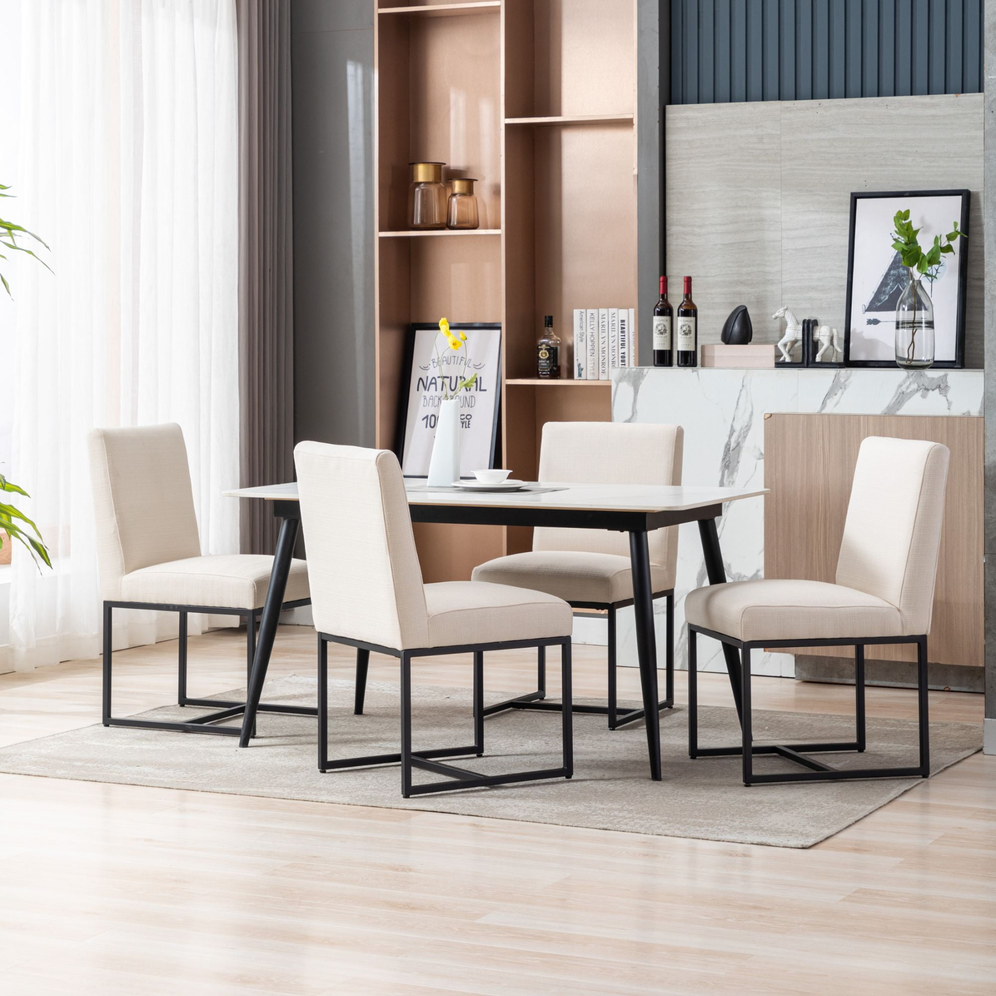 Dayalane Mid Century Modern Dining Chairs Set of 6, Beige Linen Upholstered Kitchen Dining Room Chairs with Black Metal Frame, Armless Side Chairs for Living Room