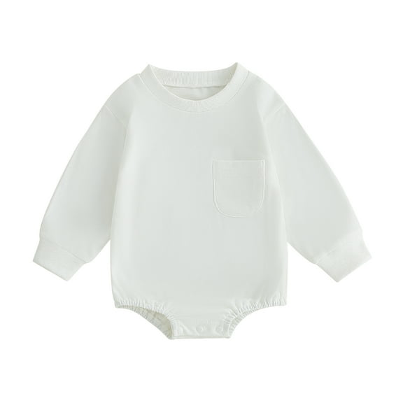 Aojekbee Baby Romper, Long Sleeve Crew Neck Solid Fall Bodysuit Clothes with Pocket for Girls Boys