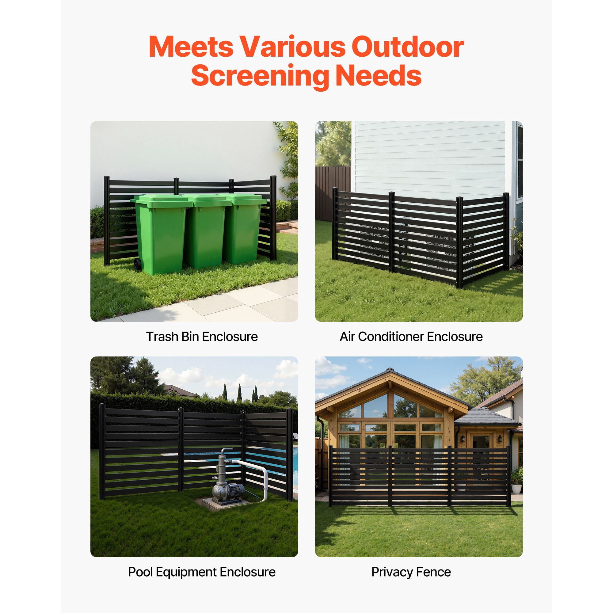 3 Panels Outdoor Privacy Screen, 50 x 48 in Air Conditioner Fence with 27.6 in Ground Stakes, Pool Equipment Enclosure, Vinyl Privacy Fence, Ideal for Trash Can and A/C Units, Black