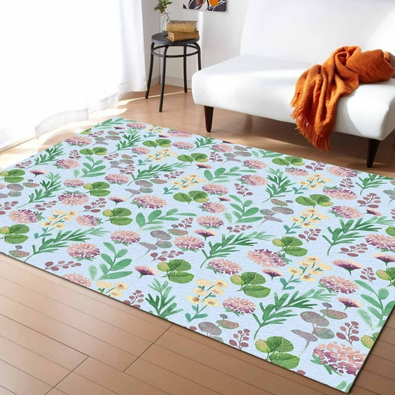 Area Rugs 5x8 Ft Rustic Pink Green Hydrangea Flowers Eucalyptus Leaf Blue Non-Slip Washable Rug Indoor Rug Floor Mats Non Shedding Carpet for Living Room Bedroom Dining Room Home Decor