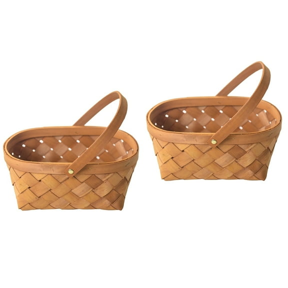 unbranded 2pcs Hand Woven Storage Basket Bin Wicker Storage Wood Chip with Handle Picnic Basket Bread Fruit Flower Container Size