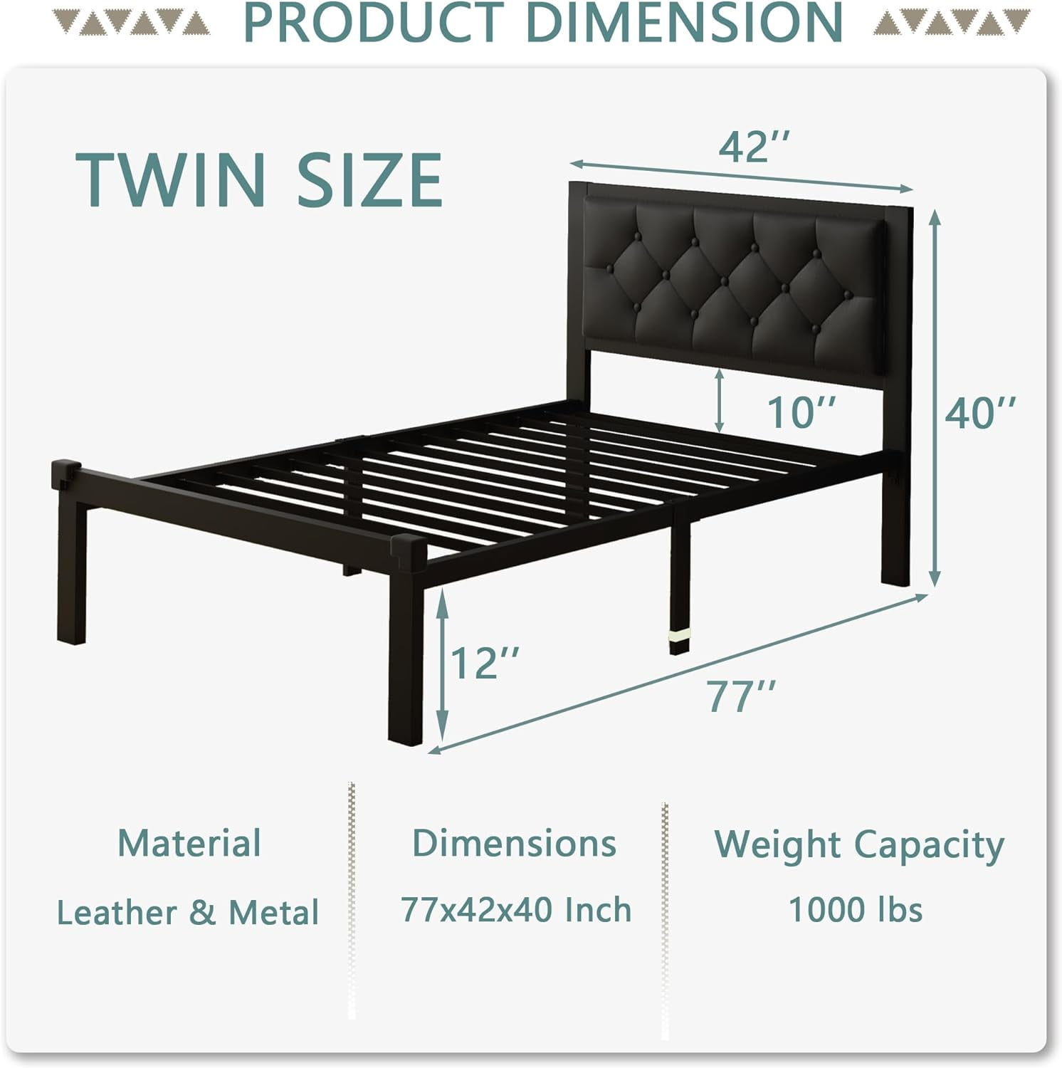 Honfach Twin Size Metal Platform Bed Frame with Faux Leather Upholstered Button Tufted Headboard, Black