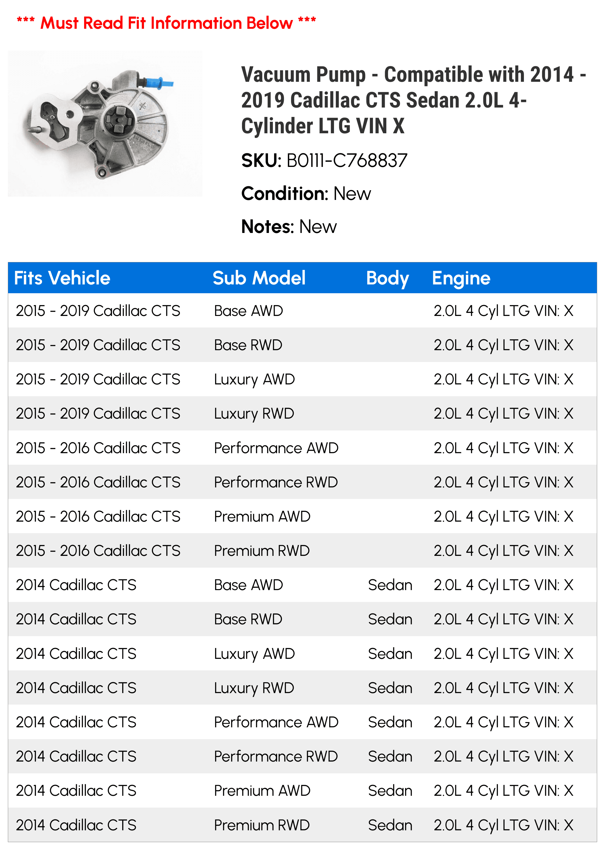 Vacuum Pump - Compatible with 2014 - 2019 Cadillac CTS Sedan 2.0L 4-Cylinder LTG VIN X 2015 2016 2017 2018