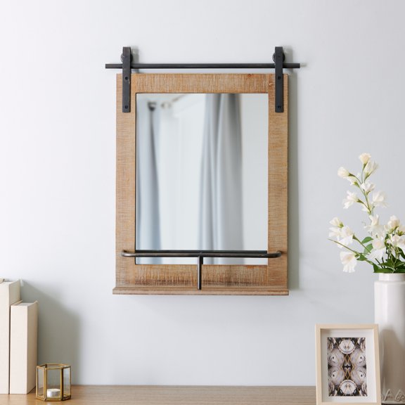 FirsTime & Co.® Ingram Farmhouse Barn Door Mirror With Shelf, American Crafted, Rustic Wood, 20 x 5 x 25 in