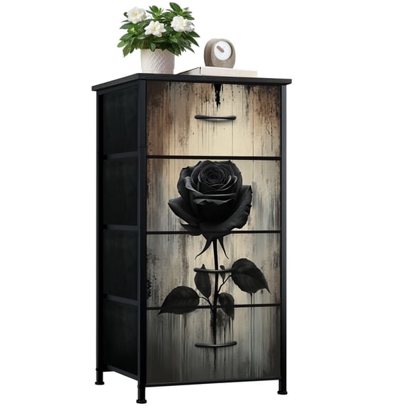 Dresser for Bedroom with 4 Storage Drawers Gothic Dark College Style Woman Crow Dark Botanical Black Rose Leafy Dressers Chest of Drawers Steel Framed Fabric Closet Organizers for Entryway