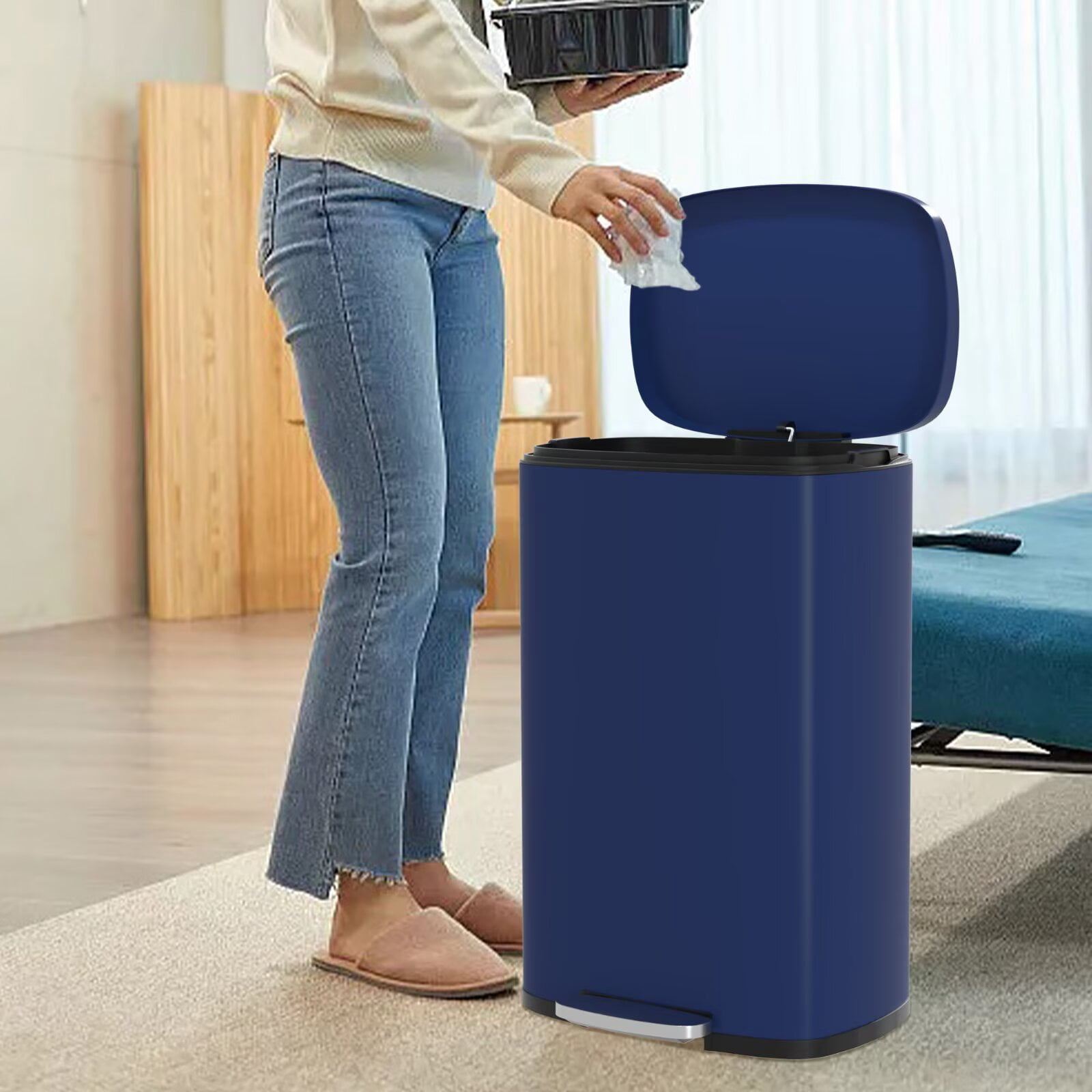 YRLLENSDAN 50 Liter/13 Gallon Stainless Steel Trash Can, Garbage Can with Lid and Removable Inner Bucket, Fingerprint Proof Trash Bin for Bathroom Kitchen Bedroom Office, Deep Blue