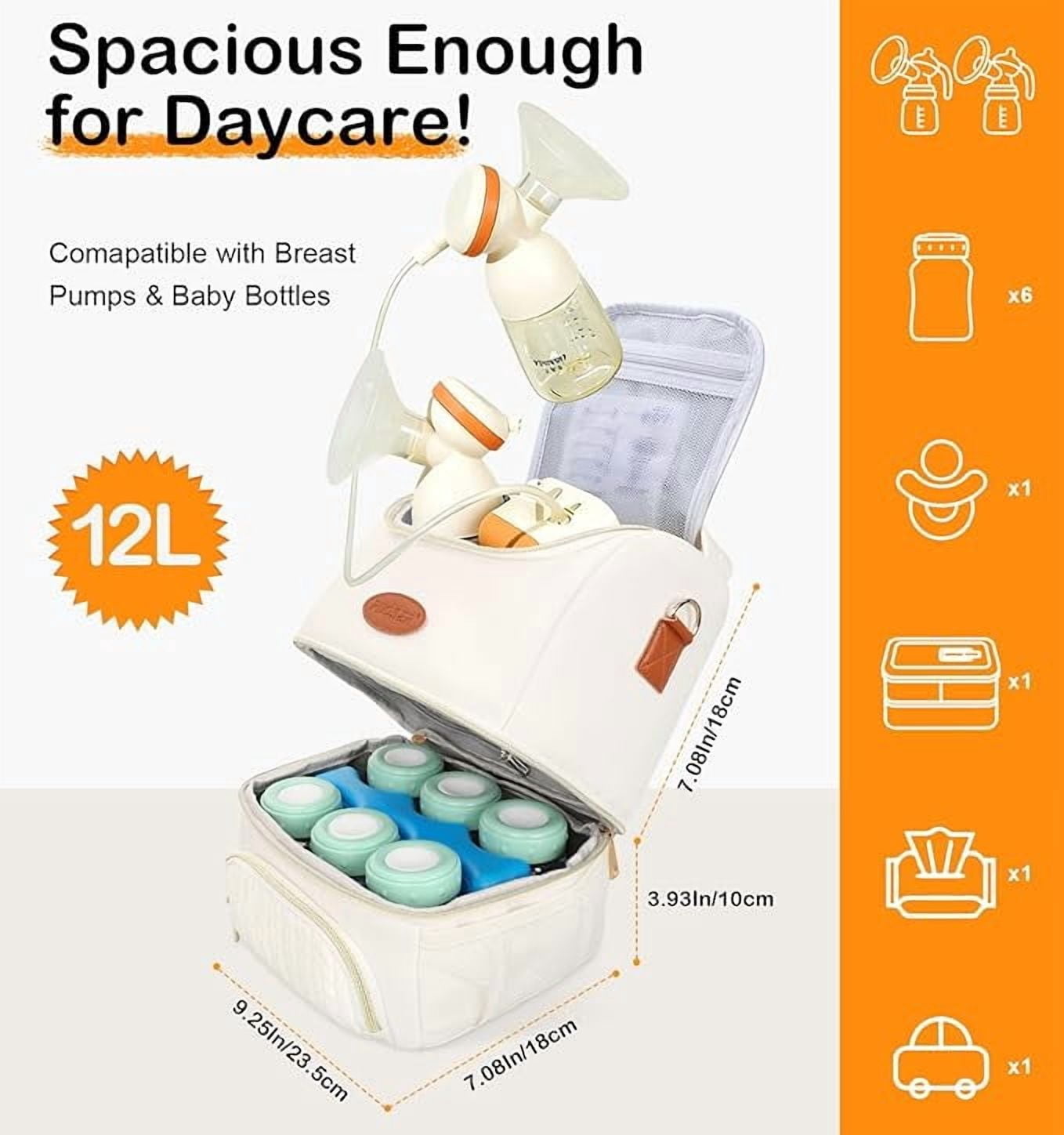 Breastmilk Cooler Bag with Ice Pack Fits 6 Baby Bottles Up to 9 Ounce, Insulated Baby Bottle Tote Bags, Double Layer Waterproof Leak-Proof with Shoulder Strap for Nursing &Working Mom