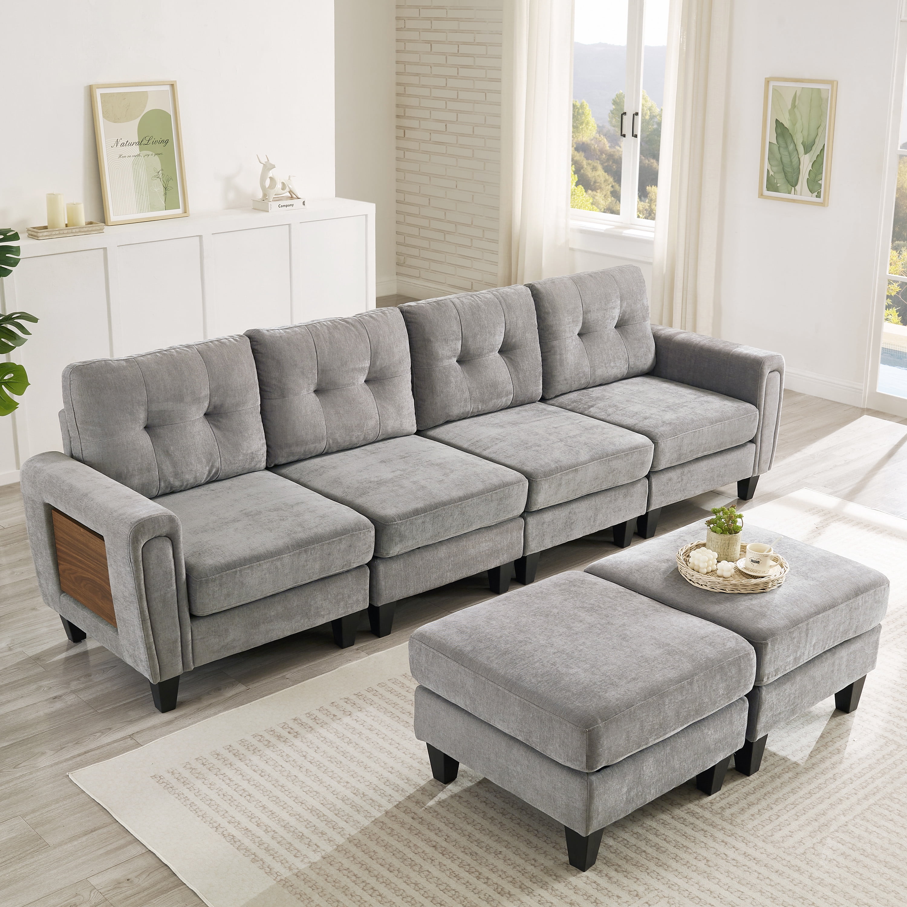 Euroco Modern Sectional Sofa 115" U-shaped Sofa Upholstered Sofa Couch with Two Movable Ottomans, USB Ports and Side Tables for Living Room, Grey