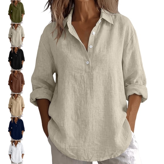 TGSLY Half Button Down Linen Tops for Women Lightweight Thin Collared Roll Long Sleeve Shirts Loose Fit Dressy Casual Solid Color Blouses XXL