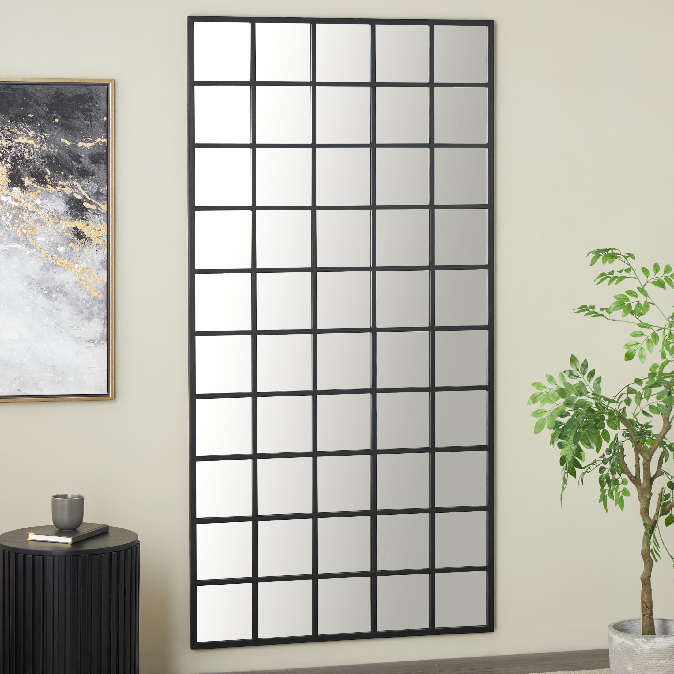 DecMode 40" x 79" Black Metal Window Pane Inspired Floor Mirror