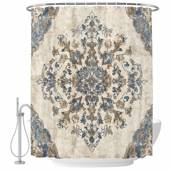 Blue Boho Shower Curtain Set - Long 72" x 84" Washable Bathtub Curtain with 12 Hooks, Ethnic Southwestern Geometric Vintage Waterproof Fabric Stall Shower Curtains for Bathroom/Bathtub Décor
