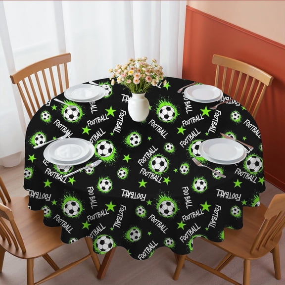 Football and Star Black Pattern Round Tablecloth 70"x70", Wrinkle Resistant Wipeable Table Cover for Kitchen Dining Room Picnic Patio and Party