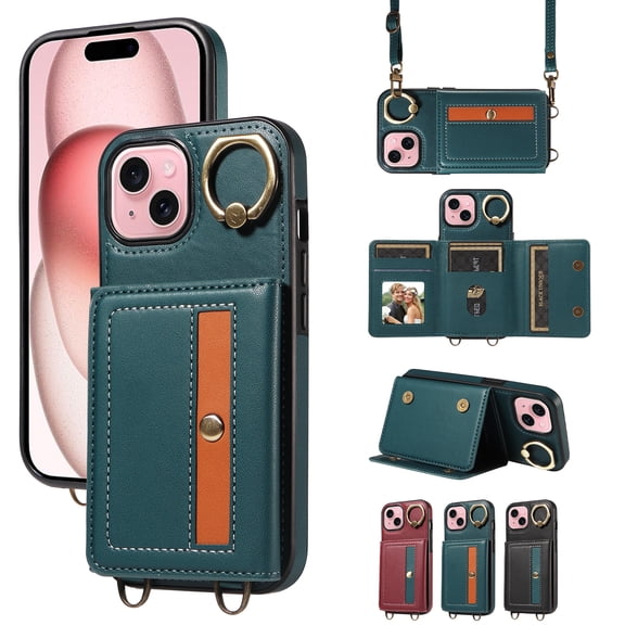 Case for iPhone 15 Wallet Case, Flip Leather Case with 4 Card Holder, Ring Holder Kickstand Shockproof Protective Folio Phone Cover Crossbody Strap for Women Ladies,Cyan