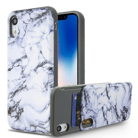 White Studded Iphone Apple iPhone XR (6.1 Inch) Phone Case Shockproof Hybrid Rubber Rugged Case Cover Slim with Double Card Holder White Marble Phone Case for Apple iPhone Xr (6.1