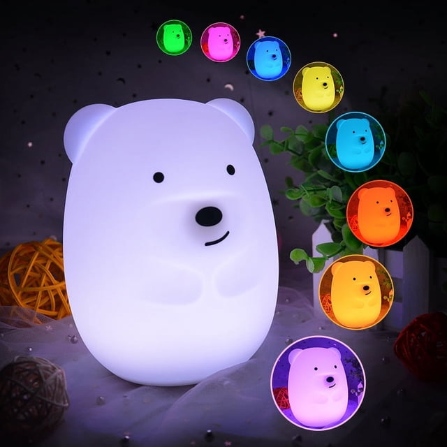 Luz de noche de oso gigante para niños, linda lámpara de guardería para bebés y niños pequeños, lámpara LED de silicona, control remoto, decoración kawaii, batería recargable por USB, 9 colores dispon