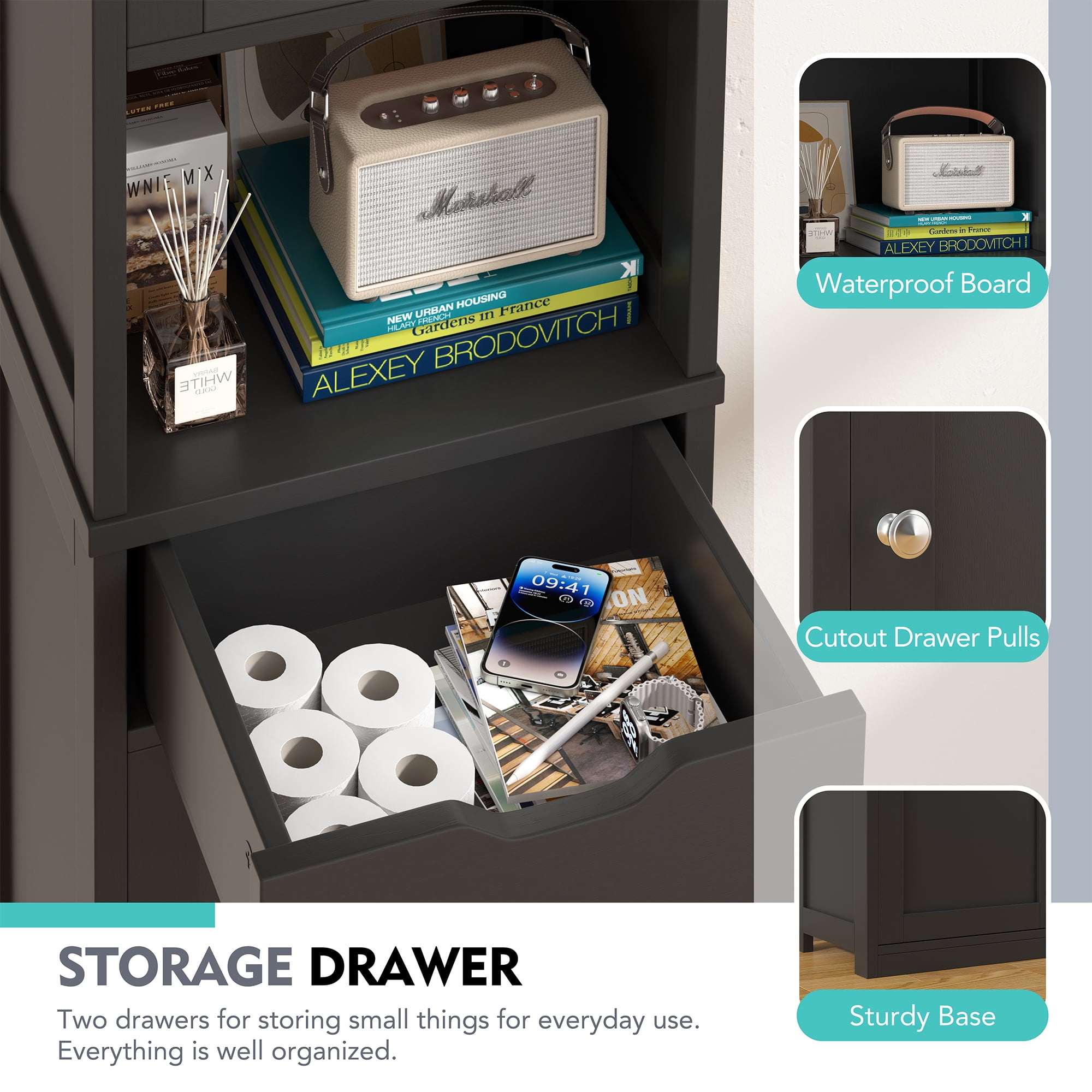 2PCS Bathroom Storage Cabinets 64" Tall Narrow Wooden Cabinets Set of 2 with Doors Shelves Drawer Black