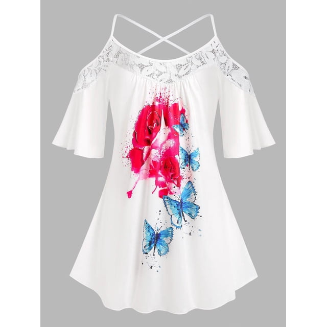 Talla grande Hombro frío Floral Butterfly Tee Rosegal Camisetas tallas grandes