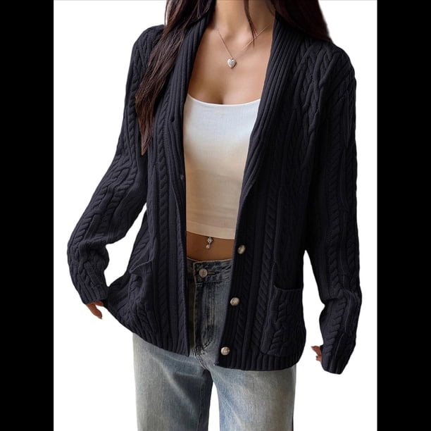 Cárdigan de Punto Grueso de Gran Tamaño para Mujer, Suéter de Larga con Abertura Frontal, Ropa de Abrigo para Otoño e Invierno Azul Oscuro L