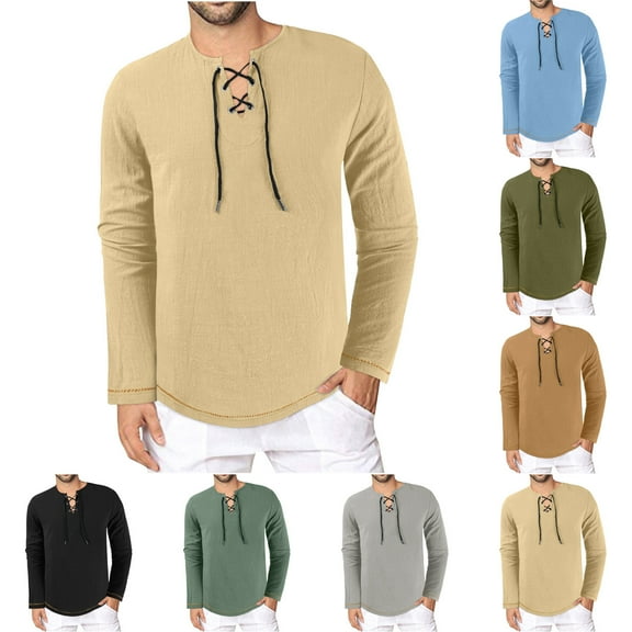 Xunlbb Long Sleeve Shirts for Men, Men's Summer Fashion Casual Tie Out Solid Color Pocket Long Sleeve V-Neck Top S-3XL Gift for Him