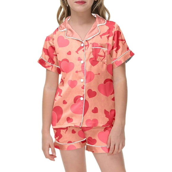 Teens Boy Pajama Set Cute Heart Pajamas Button Down Sleepwear Set Pjs Sleepwear Outfits Girls Pjs Size 12-13T Kids Clothes