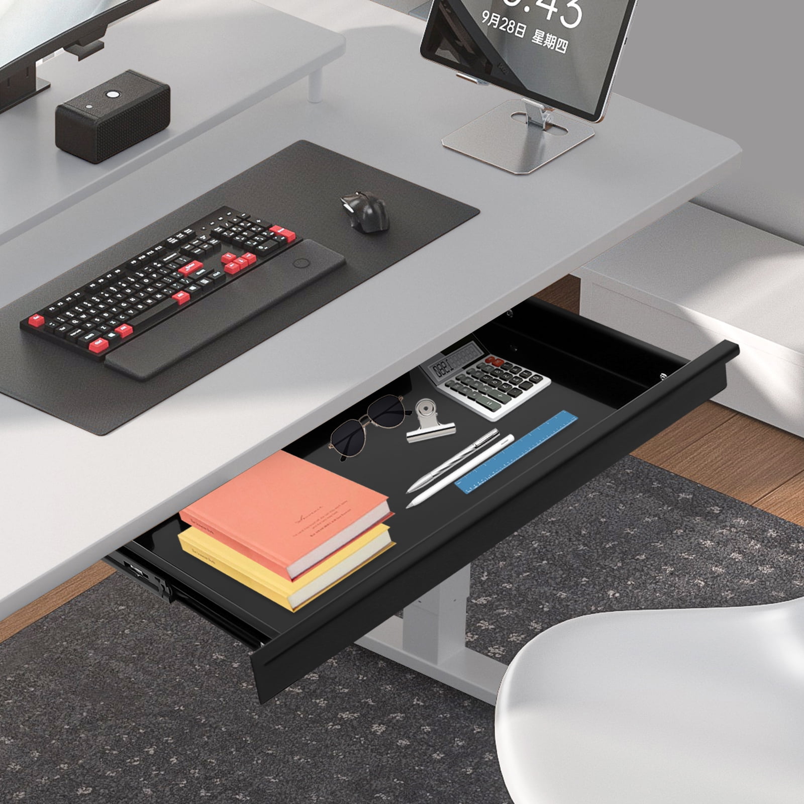 Home Under Desk Storage Drawer - Office Pull-out Hidden Drawer Hanging Drawers for Desk - Standing Desk Drawer Attachment - Under Desk Mounted Sliding Metal Hanging Drawers Organizer