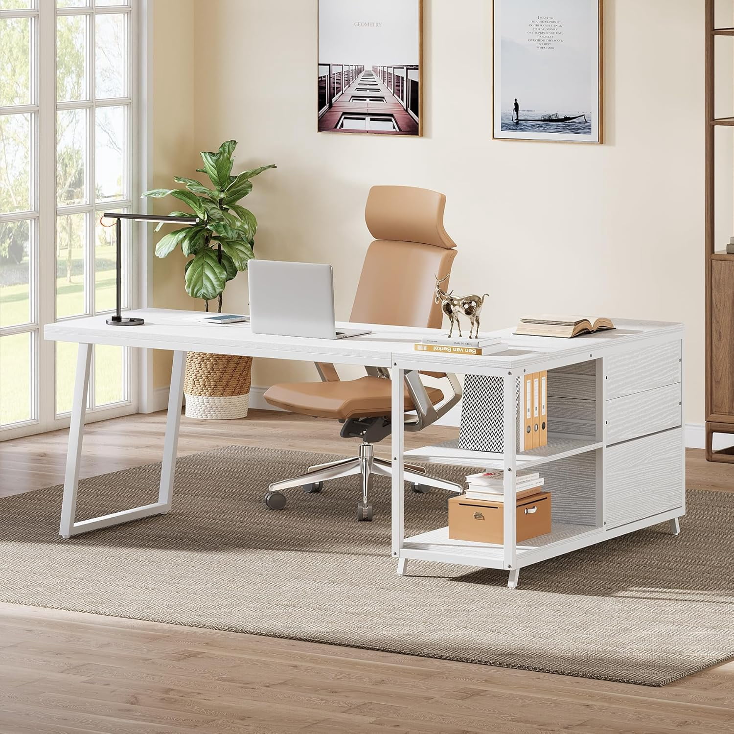 Tribesigns 53" L Shaped Office Desk, Reversible Corner Computer Desk with 3 File Drawers and 2 Storage Shelves for Home Office, Study, Gaming Room (White)