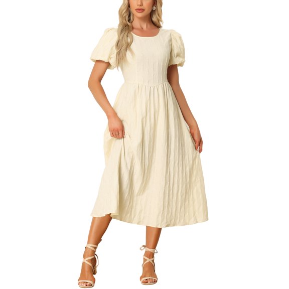 INSPIRE CHIC Women's Dress Summer Puff Sleeve Round Neck Solid Textured Flare Dresses XS Beige