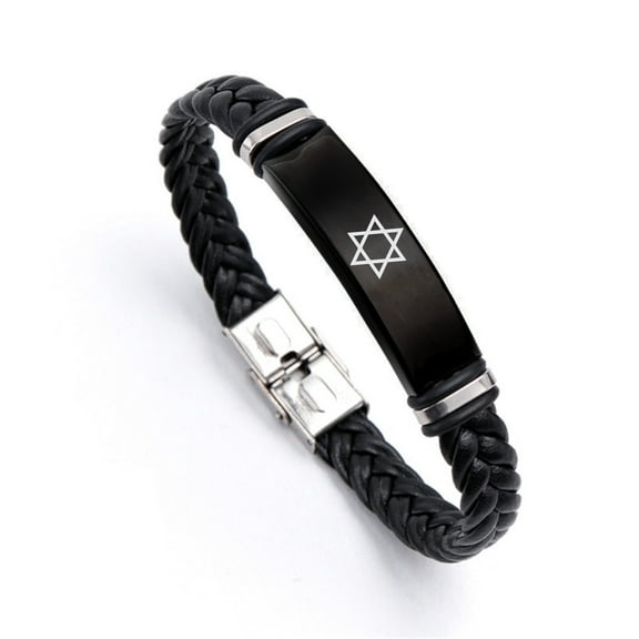 Black Star of David Bracelet - Religious Jerusalem Mogan Star David Jewish Faith Reminder Leather Bangle Judaica Israeli Jewelry Gifts for Men Women, 8.66 Inch
