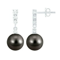 Rosec Jewels 9.25 CT Diamond Earrings with Tahitian Pearl Drop, Pearl and Diamond Bar Earrings, Tahitian Pearl Drop Earrings, Bar Drop Earrings for Women, 925 Sterling Silver