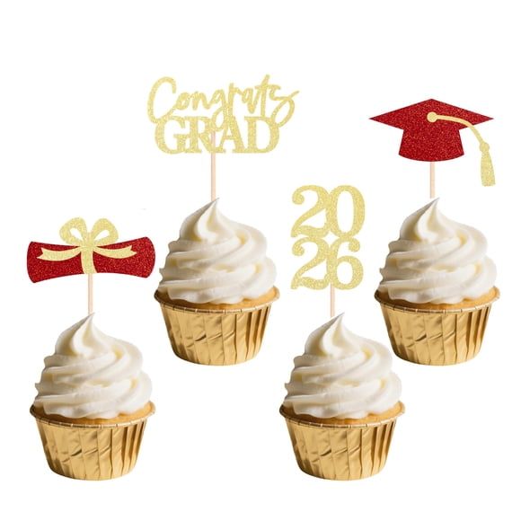 Adornos para magdalenas de graduación SakFestivo, oro rojo, clase 2026