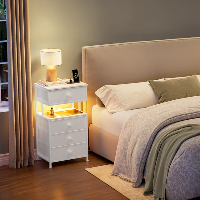 Mesita de Noche con estación de Carga USB y Enchufe - Buros para recamara - Mesa de Noche con 4 cajones - Mesa Auxiliar con luz led Ajustable.