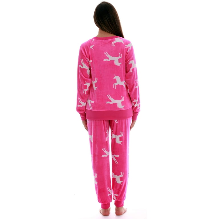 #followme Women’s Jogger Pajama Pants Set Ultra-Soft Velour PJs (Fuchsia -  Unicorn, Small)