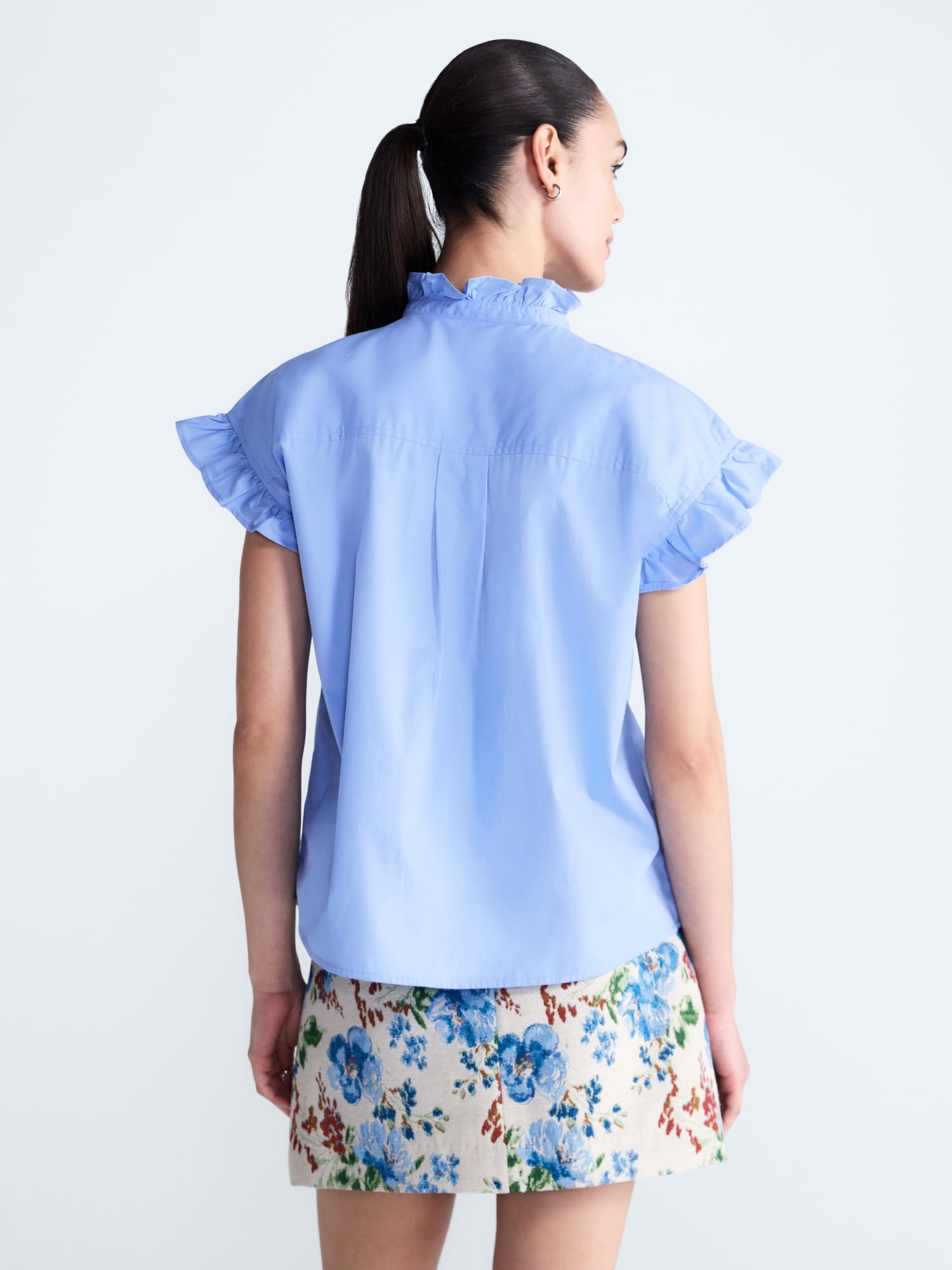 Free Assembly Women's and Women's Plus Ruffle Trim Neck Top with Short Sleeves, Sizes XS-4X