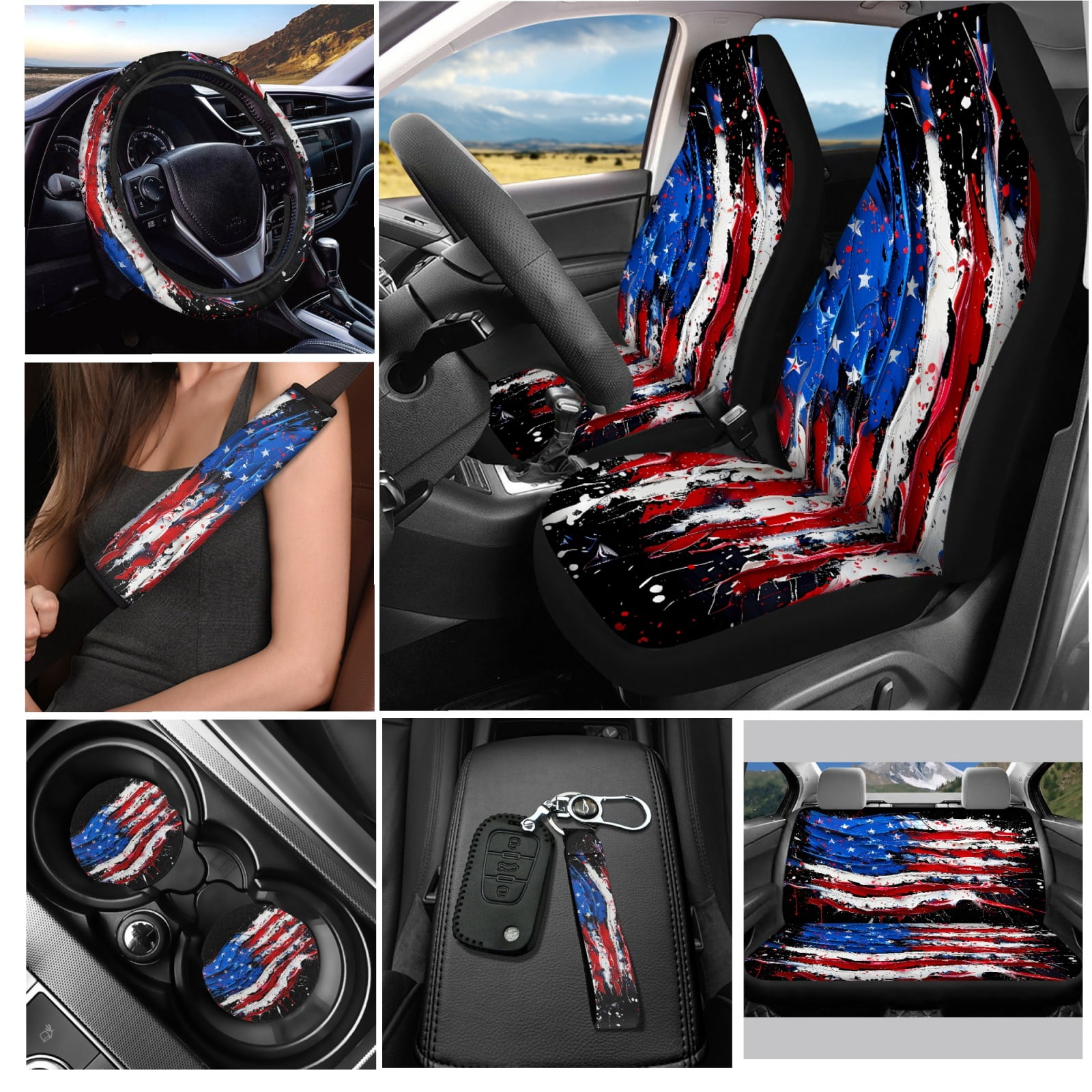 Yuyamidu American Flag Car Seat Covers Front Back Seat Cover Full Set Patriotic Car Steering Wheel Cover Safe Belt Pads Coasters Keychain 12 PCS