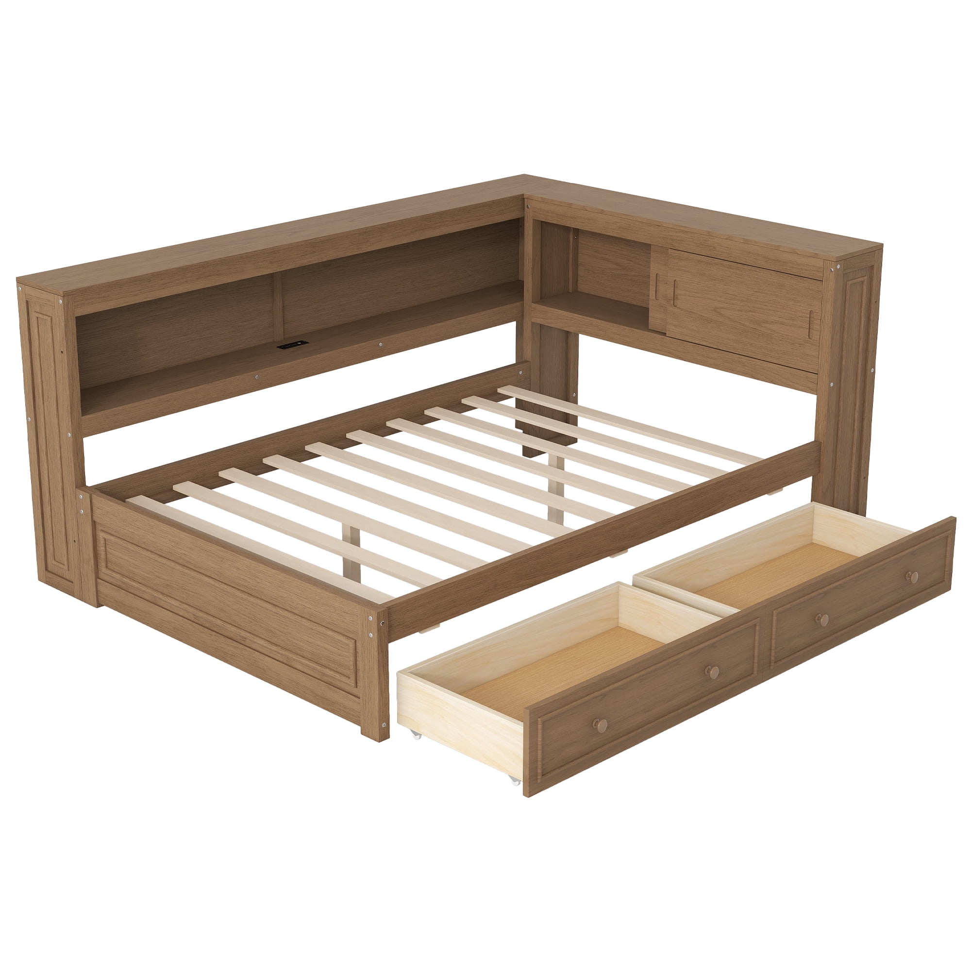 Euroco Full Size Wood Daybed with Storage Shelves and Drawers, Platform Bed with LED Light and USB Ports, Wood