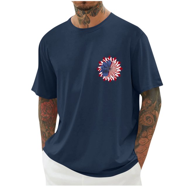 Txeol Chemises Patriotiques pour Hommes Manches Courtes T-Shirt Graphique Rétro Col Rond Décontracté T-Shirt Imprimé Drapeau Américain, Marine, TTG