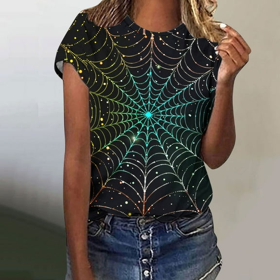 Jsaierl Halloween Shirts Women Plus Size Pumpkin Ghost Graphic Tees Loose Fit Round Neck T-shirt Short Sleeve Holiday Blouse Tops Halloween Costumes