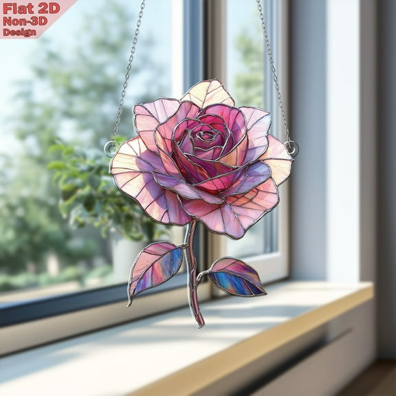 Pink Rose Window Hanging Acrylic Decor, Flat 2D Sun Catcher Ornament, Vibrant Stained Glass Floral Decoration, Elegant Flower Home Accent, Nature-Inspired Gift for Garden Lovers