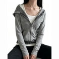 thumbnail image 3 of Women Striped Polka Dot Print Zip Up Hooded Jacket, Long Sleeve Hoodie Coat with Side Pockets, Casual Slim Fit Outerwear Top for Daily Street Style Dark Gray XL(XL), 3 of 4
