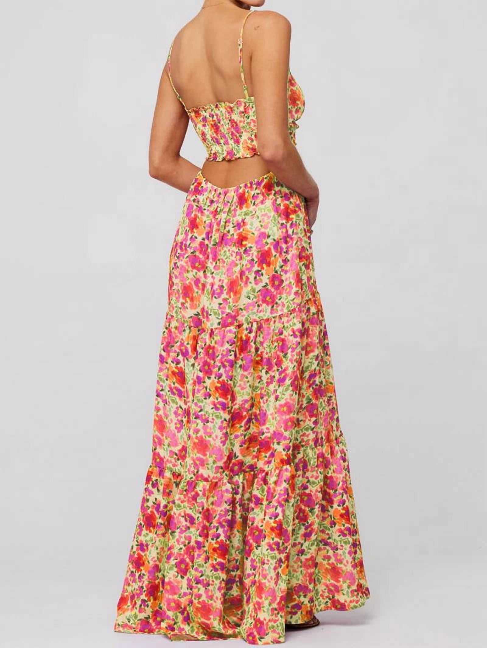 Summer Floral Women Spaghetti Straps Hollow Out Tie Front Maxi Dress Flowy Smocked - Dress Pink Orange M