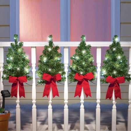 Christmas Trees With Solar Lights And Red Bows Outdoor Fence Decor