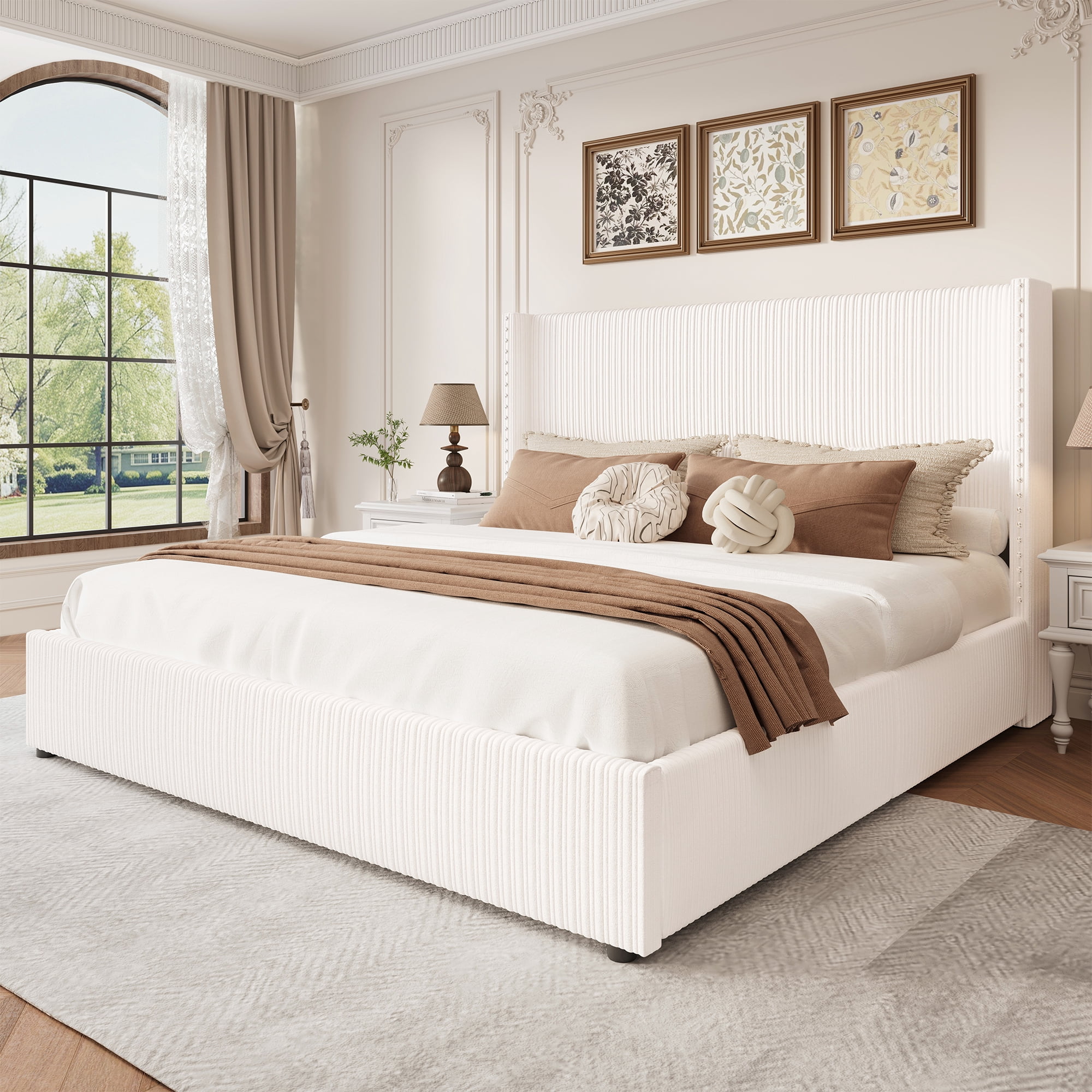 Larmace Upholstered Corduroy Bed Frame King Size with 4 Storage Drawers,Platform Bed Frame with Vertical Stripe Wingback Headboard,Beige