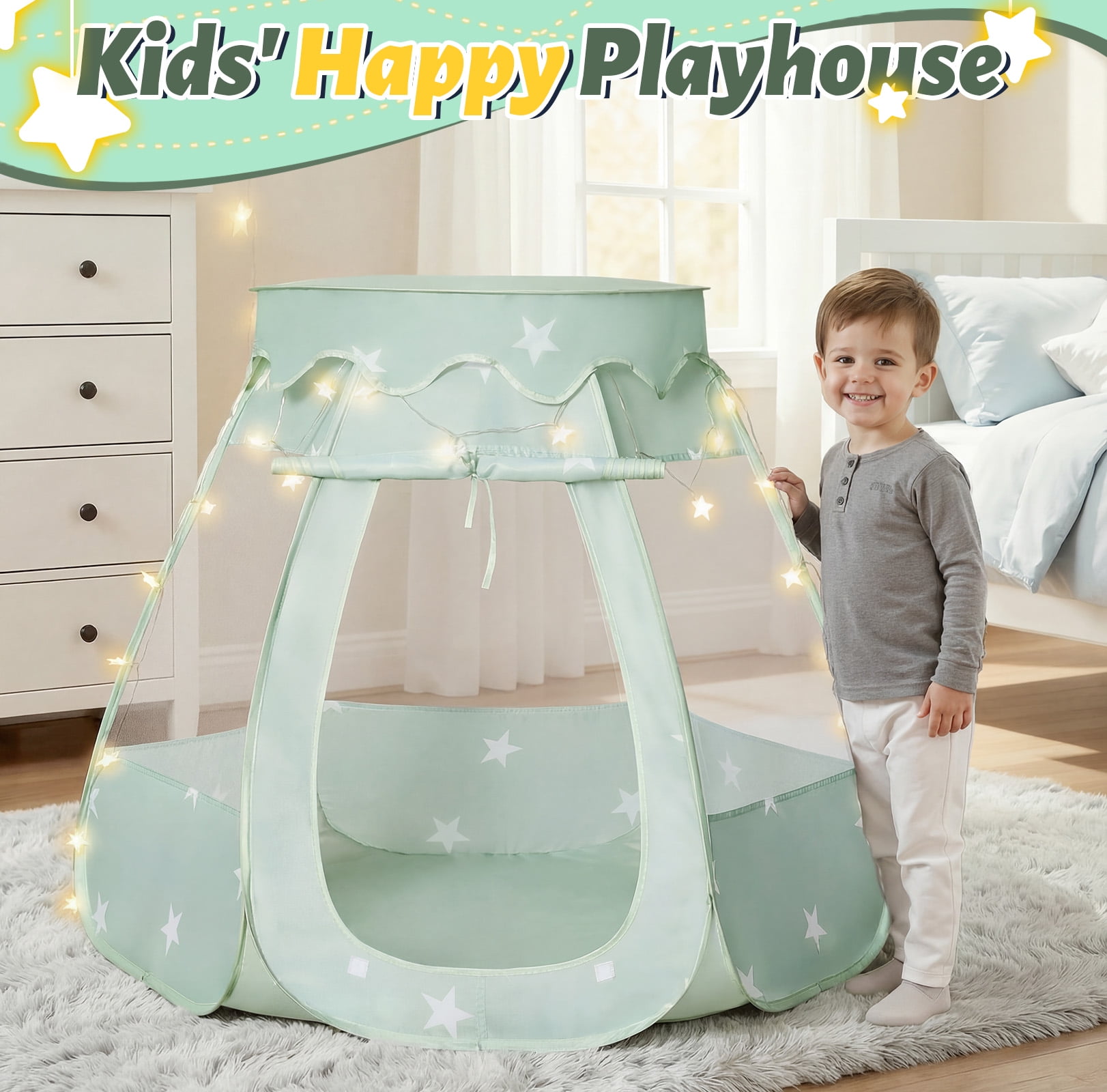 PigPigPen Pop up Princess Ball Pit Tent with Star Lights, Indoor/Outdoor Tent for Toddlers and Kids, Grayish Green, No Balls Included